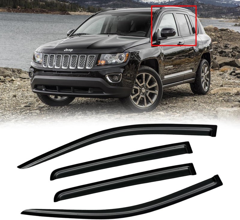CMVT Auto Window Visor for 2007-2016 Jeep Compass, Out-Channel Rain Guards Shields Vent Deflector Shade Wind Dark Smoke 2008 2009 2010 2011 2012 2013, Tape-On Outside-Mount, 4PCS - Image 1